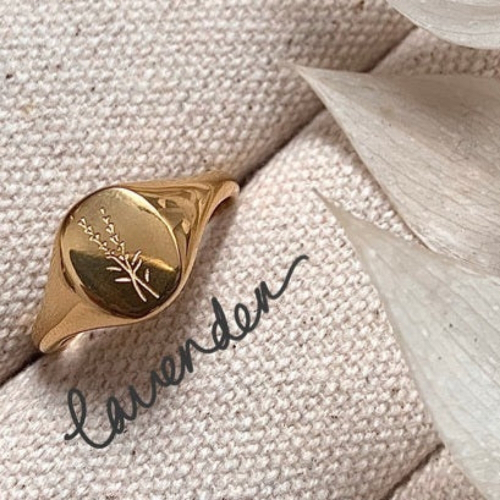 Floral Lavender Signet Ring 18k Gold Plated